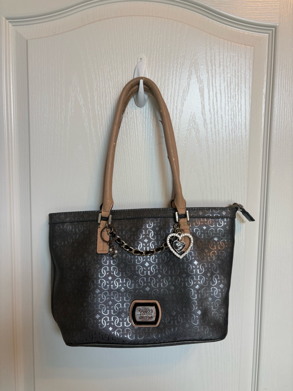 Guess Black Logo Tote Bag Purse with Tan Handles and Heart Charm Vintage